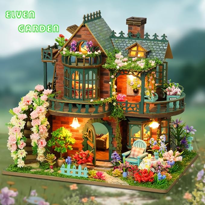 Yuzhen DIY Miniature Dollhouse with Furniture and LED Lights, Wooden Dollhouse Includes Dustcover and Music Movement