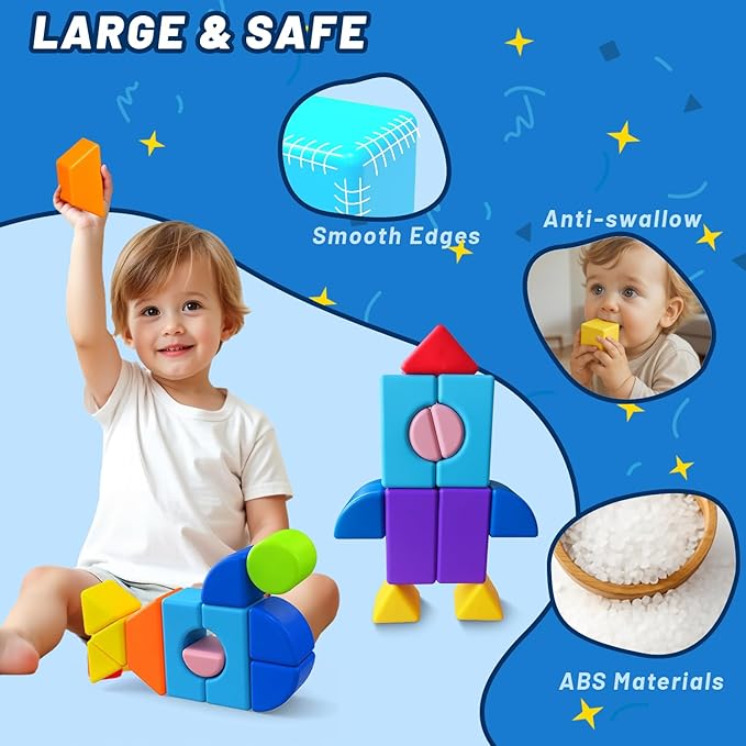 Magnetic Building Blocks for Toddlers 3+, Large Magnetic Stacking Blocks in 8 Shapes, Montessori Building Toy, Colorful Magnet Toys for Kids Ages 3-5 (22PCS)