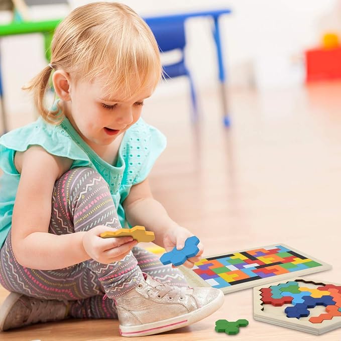 Wooden Puzzle Hexagon Puzzles for Toddlers Tangram Jigsaw Puzzle, Montessori Educational Gift for Kids & Adults