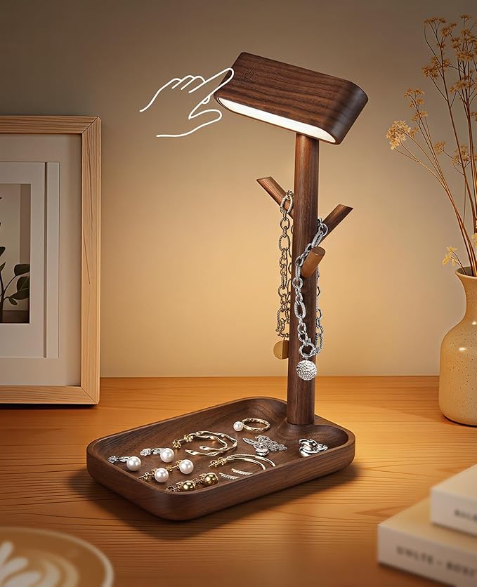 Wooden Table Lamp Tree Trunk Wood Column Rechargeable Led Desk Lamps Magnetic 360°Rotate Battery Powered Wall Night Lights for Bedside Living Edge Table (Black Walnut)