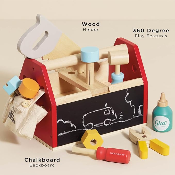 Le Toy Van - Cars & Construction Educational Wooden Tool Box Play Set for Role Play | Boys Pretend Play Wooden Tools - Suitable for 3 Year Olds and Older, Tool Box 12 Piece Set