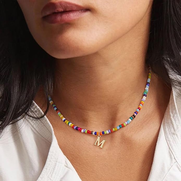Yoosteel Colorful Beaded Initial Necklaces for Girls Gifts - Cute Initial Necklaces for Girls Kids Jewelry A-Z Letter Choker Necklace for Women Birthday Gifts for Teens Daughter Niece Granddaughter