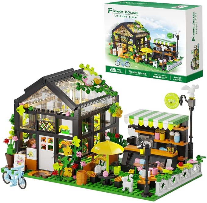 Flower House Building Set with LED, City Street House Flower Shop Building Blocks Toy, Valentine Gift for Girls 8-12 Year, Mini Brick 680pcs