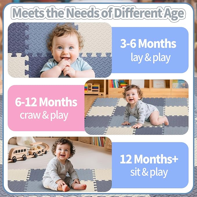 Foam Play Mat for Baby, 0.4 Inch Thick Foam Interlocking Floor Mats, Soft Non-Toxic Baby Playmat, Puzzle Play Mat Kids Floor Mats for Toddler, 16 Tiles(White/Dark Blue/Gray Blue)