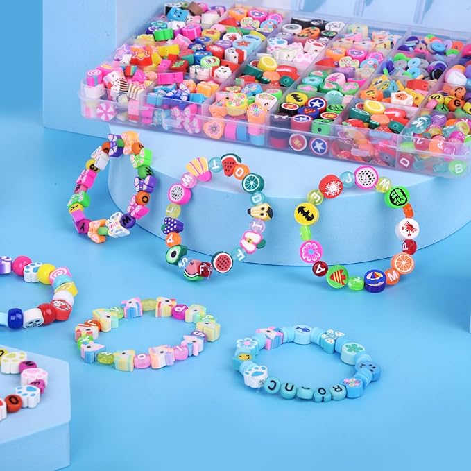 1000PCS Sports Polymer Clay Beads Bracelet Making kit, 24 Style Cute Fun Ball Beads Baseball Basketball Soccer Rugby Volleyball Football Charms, DIY Bracelet Making kit