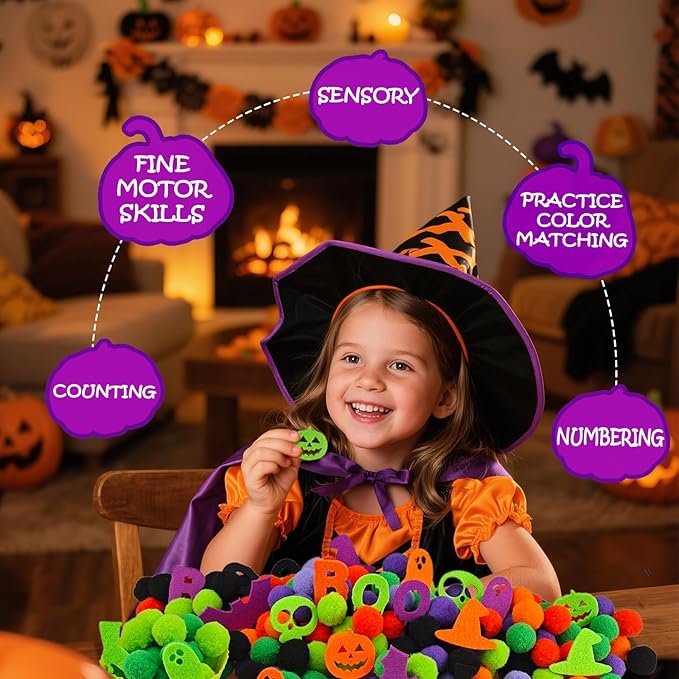 213 Pcs Halloween Felt Sensory Bin Filler Sensory Bin Items Fine Motor Toys Counting Sorting 100 Pom Pom 100 Felt Bat Ghost Pumpkin 8 Sorting Cups for Halloween Sorting Counting Training