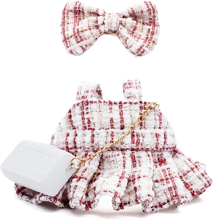 Doll Clothes for 17cm Dolls, Premium Handmade Fashion Clothes 3 Piece Set Including a Bag, Clothes and Bow with High-End Dolls Accessories for Play & Display - Red (No Doll No Logo)
