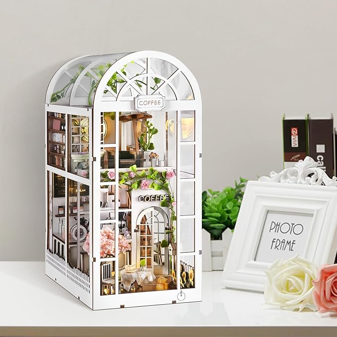 DIY Book Nook Kit, Miniature Bookshelf Decor with LED Lights, Laser-Cut Wooden Craft Set for Adults, Creative Gift for Christmas, Birthday, Coffee Garden