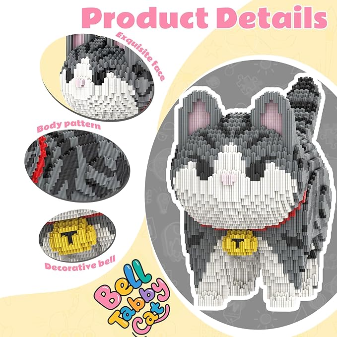 Animal Gray Striped Bell Cat Micro Mini Building Blocks Sets Large Cute Cat Building Kits Model Toys Gift for Adults Kids Teens 6500 PCS