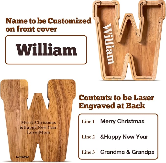 Customized Name Large Wooden Piggy Bank for Kids Boys Girls Alphabets Letter A-Z Coins Bills Money Change Bank Box Initial on Clear Cover (Laser Engraved) (Alphabet-W, Personalized-9")