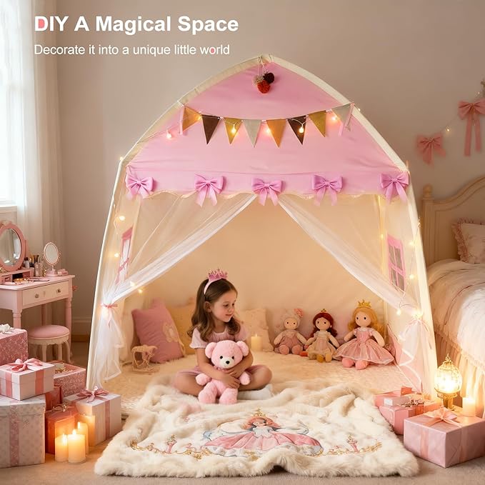 Kids Play Tent Indoor Teepee: Princess Castle Reading Nook with Mat Lights Carry Bag Mesh Windows Quick Setup for Bedroom Playroom Girls Ages 3-12 - 59x39x59 in