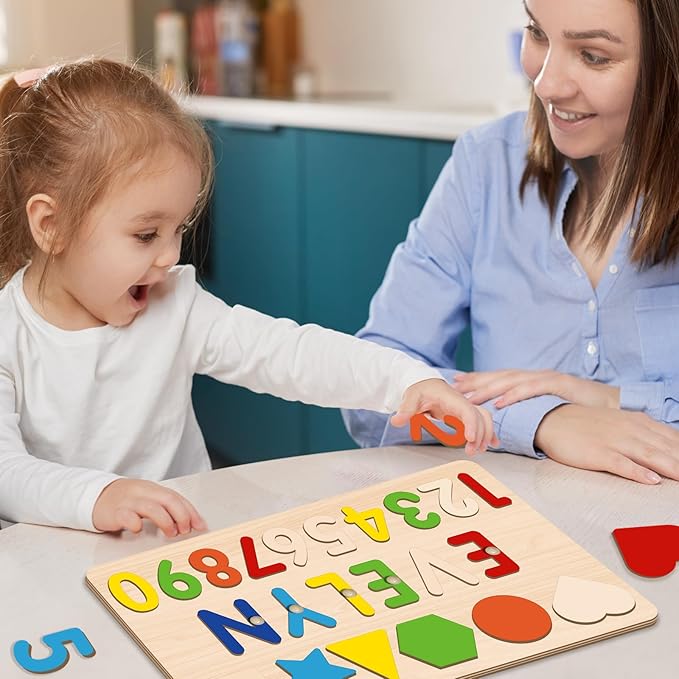 Personalized Name Puzzle with Numbers and Shapes, Custom Wooden Puzzles for Toddlers 1-3, Montessori Toys for 1st Birthday Girls & Boys, Personalized Baby Easter Gifts