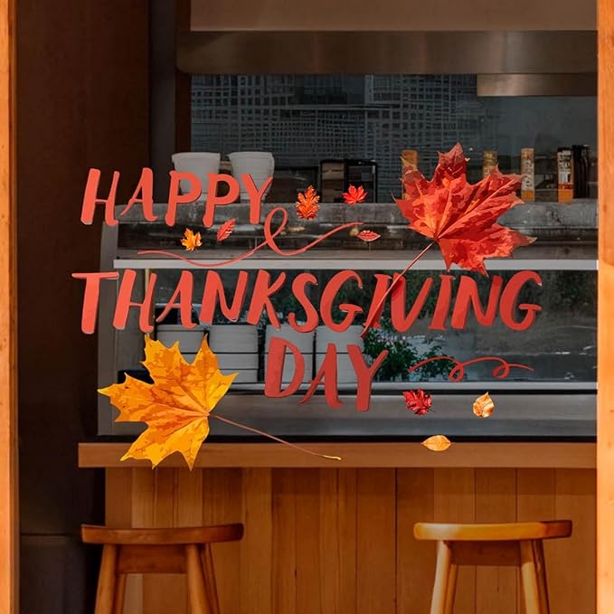1 Sheet Thanksgiving Clings for Glass Windows DIY Fall Leaves Window Clings Double-Sided Autumn Window Cings Happy Thanksgiving Day Window Stickers for Party Glass Decoration