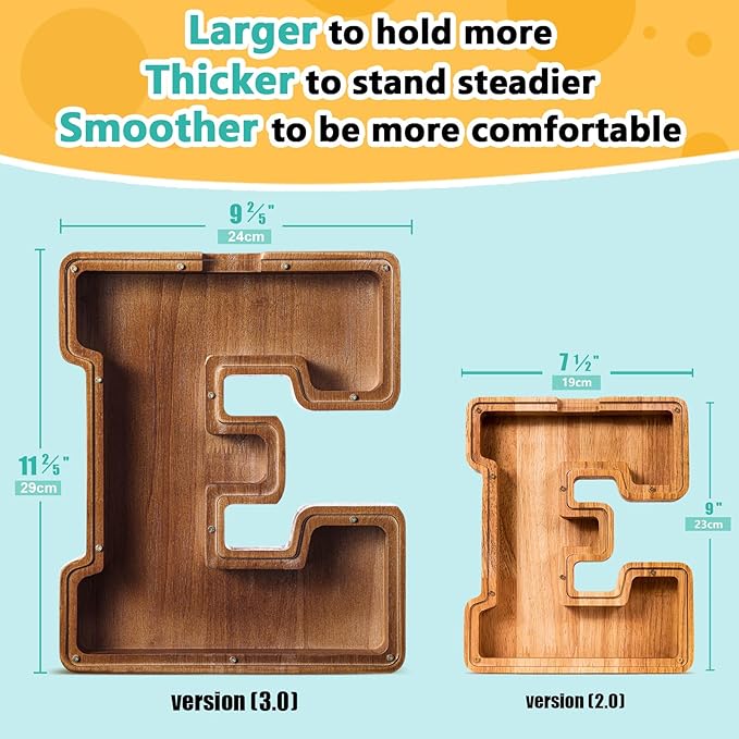 Summidate Customized Name Extra Large Wooden Piggy Bank for Kids Boys Girls Alphabets Letter A-Z Coins Bills Money Change Bank Initial on Clear Cover (Laser Engraved) Educational Toys 12"- Letter E