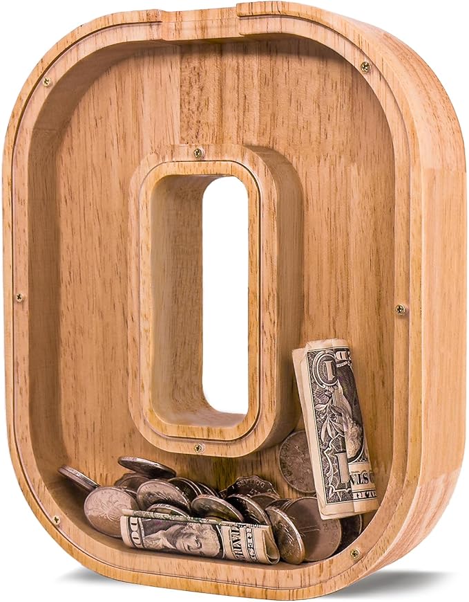 Wooden Letter Piggy Bank for Kids Larger Alphabet Letter Bank for Boys Initial Coin Bank Personalized Piggy Bank Wood Money Save Box for Birthday and Festival-Upgrade 9"" O Piggy Bank