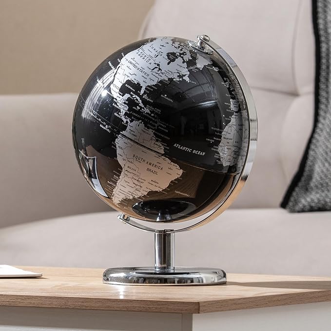 Goplus 8-Inch Metallic Black World Globe, Rotating Earth Globe w/Metal Stand, Educational Learning Teaching Gift, Modern Desktop Decoration for Home, Office (Black + Silver)