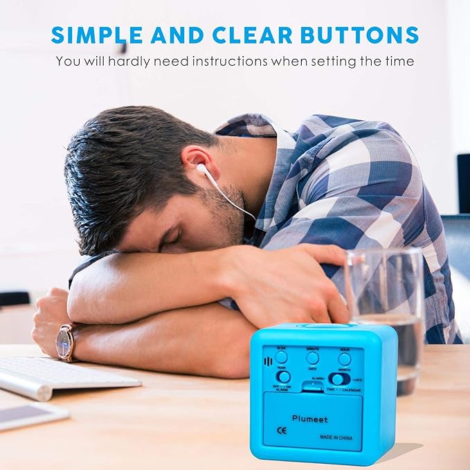 Plumeet Digital Alarm Clock Kids with Snooze and Nightlight - Easy Setting Silicone Clock Display Time, Date - Loud for Bedroom - Battery Powered (Blue)