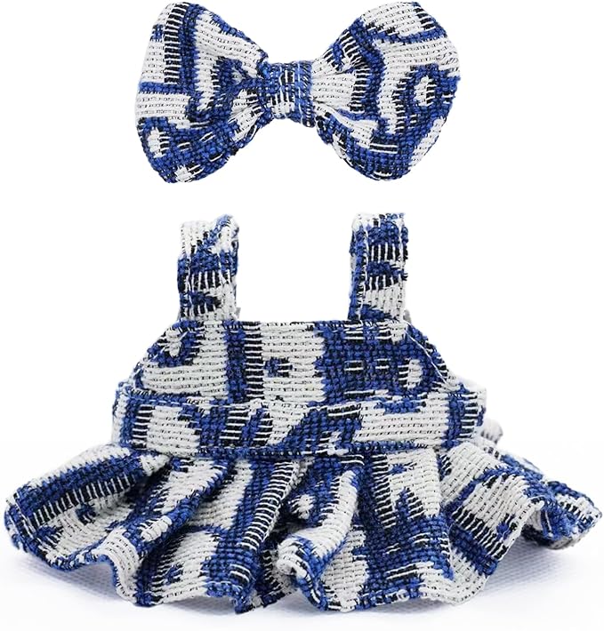 Clothes for 17cm Dolls Premium Dolls Accessories with Chic Grid Bow Spaghetti-Strap Dress Set, High-End Fashion Outfit for Play & Display, Blue