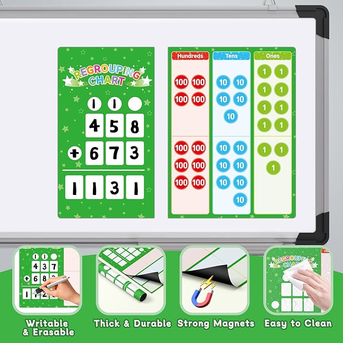 Magnetic Regrouping Math Base Ten Place Value, 2025 New Upgraded Addition & Subtraction Math Manipulatives Dry Erase Whiteboard for Kids 1st 2nd 3rd Grade, Math Games Homeschool Classroom Must Haves