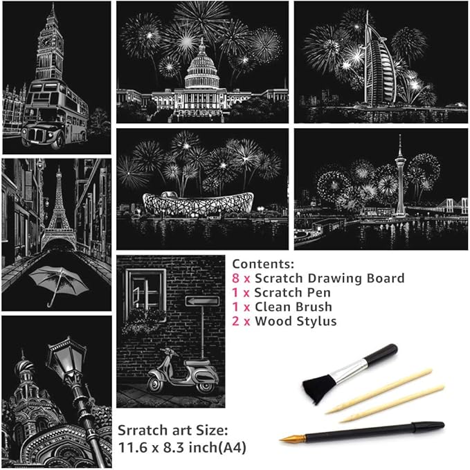 Scratch Art for Kids & Adult, Rainbow Engraving Painting Landscape Scratchboard(A4) Crafts Set: 8 Sheets 4 tools - Congress Building, Burj Al Arab, Eiffel Tower, Big Ben, Moscow(Fireworks / Building)