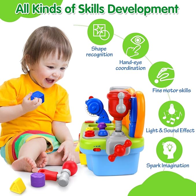 Toys for 1 Year Old Boy, Musical Toddler Tool Bench, Montessori Educational Toys with Sound Lights Effect, Shape Sorter, One Year Old Boy Birthday Gift, Engineer Pretend Play Workbench