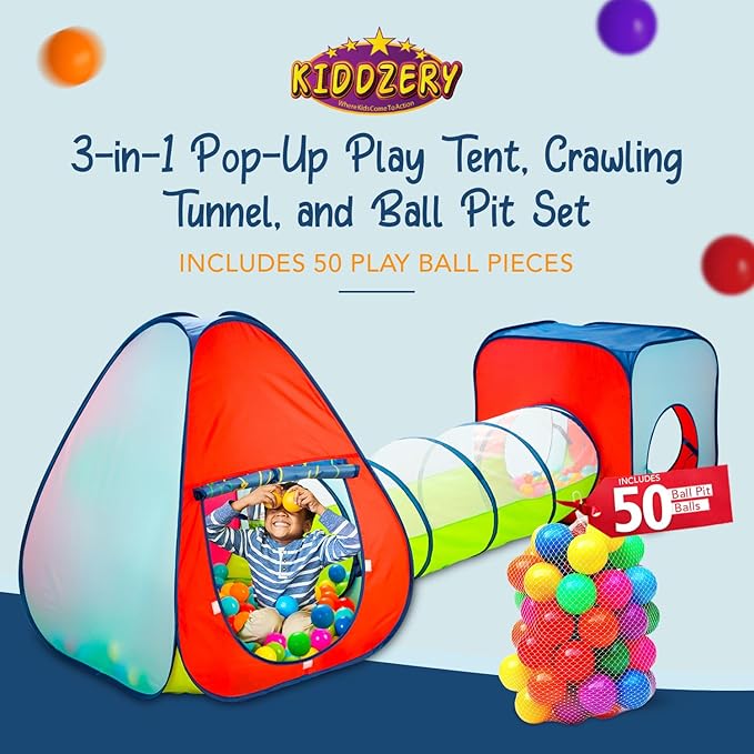 Kiddey 3-in-1 Kids Pop-Up Play Tent, Crawl Tunnel, & Ball Pit Set with 50 Play Balls - 3 Piece Durable Pretend Playhouse Tent for Boys, Girls, Toddlers & Pets - Indoor & Outdoor with Carry Case