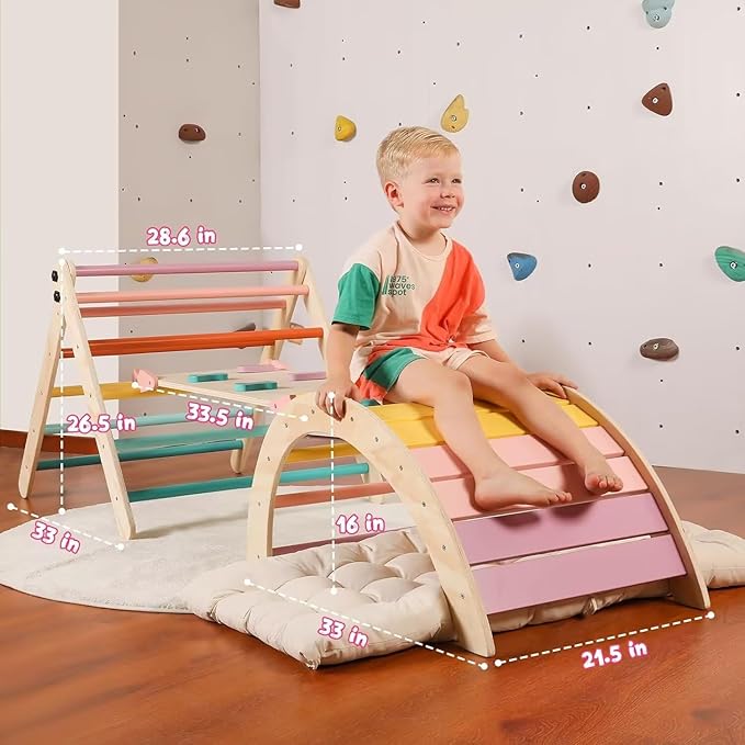 Pikler Triangle Set with Cushion Large, 5 in 1 Toddler Climbing Toys Indoor, Montessori Foldable Climbing Set for Kids, Wooden Playground Jungle Gym with Ramp, Arch and Ladder (Color-B)