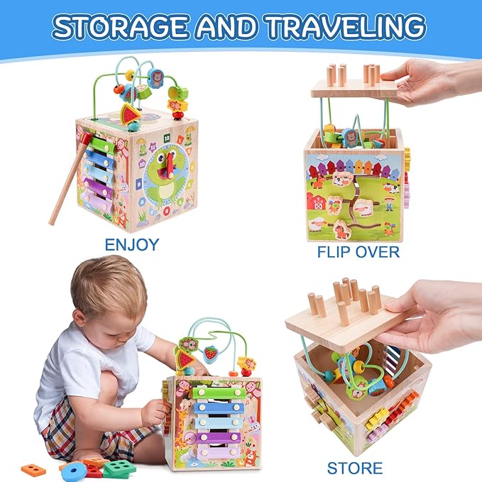 Wooden Activity Cube | Montessori Toys for 1 2 3 Year Old Toddlers | One Year Old 1st First Birthday Gift | Educational Toys for 12+ Months Baby Boys Girls | Bonus Sorting & Stacking Game (Pink)