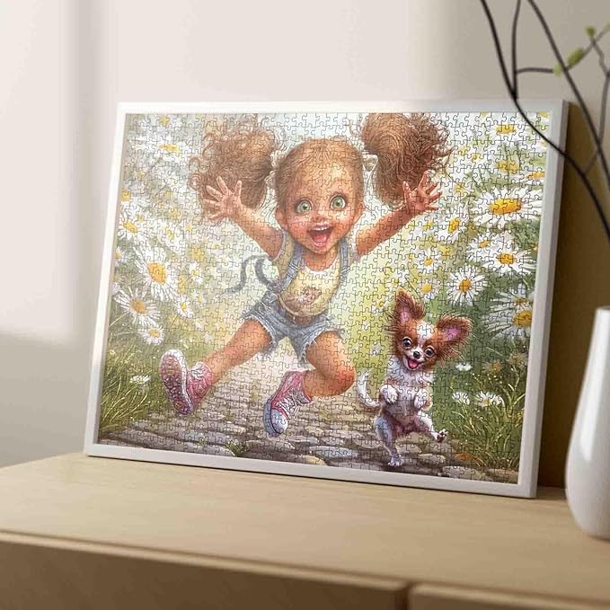 Tucocoo Cute Cartoon Girl Puzzle for Adults 1000 Piece, Puppy Running in Daisy Field, Whimsical Fantasy Art Jigsaw, Fun and Challenging Puzzles Gift for Women and Puzzle Enthusiasts, Home Wall Decor