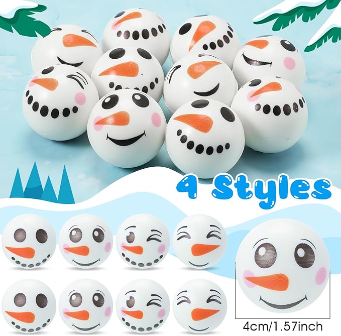 Jerify 60 Bulk Snowman Ball Christmas Snowman Stress Toys First Snowball Fight Snowmen Balls Sensory Stress Relief Toys Christmas Winter Party Favors Bag Filler Stocking Stuffers Gifts for Boys Girls