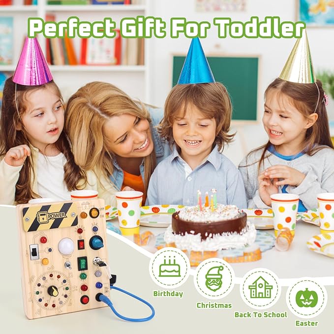 Busy Board 【Plus Version】 with 23 LED Light,Montessori Toy for 1+ Year Old,Engaging Sensory Board for Fine Motor Skills,Gifts & Travel Toys for Toddlers 1-3