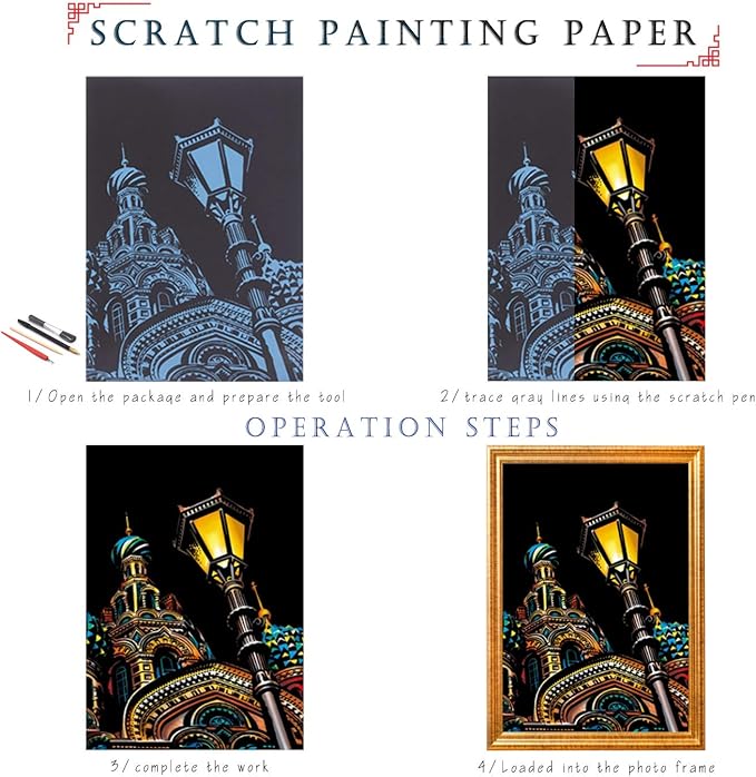 Rainbow Scratch Painting Paper By BOTEEN, City Series Night Scene,Scratch Painting Creative Gift,Scratchboard for Adult and Kids,with 4 Tools,Size:11.7''x8.3''（8pack）
