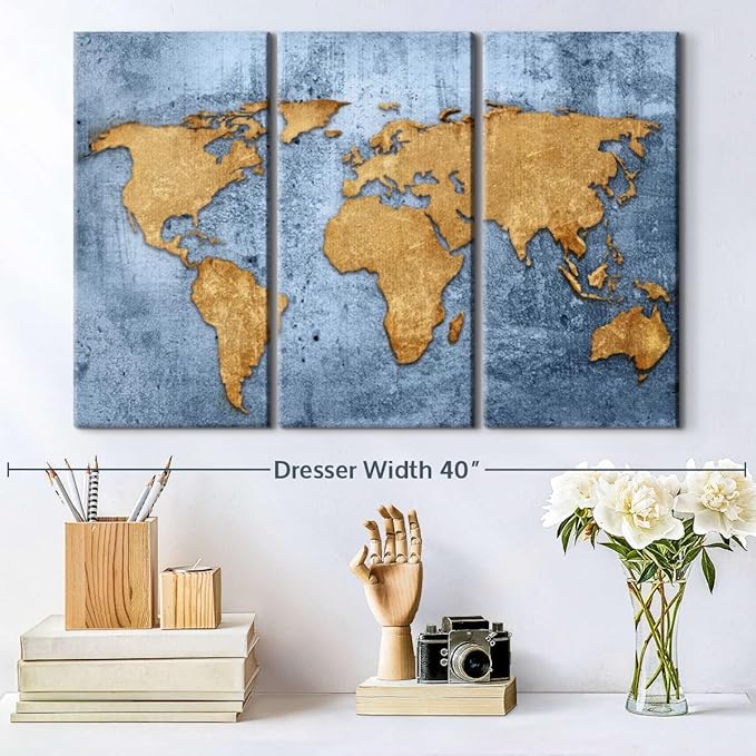 ElephantStock Azure World Map Wall Art Multi Piece Canvas - 3 Panel Wall Decor - Map of the World Art - Canvas for the Office and Home - 33" X 20"