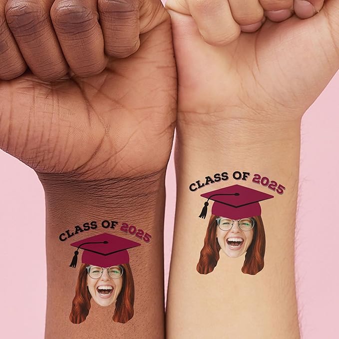 Big Dot of Happiness Custom Photo Maroon Grad Cap, Personalized Burgundy Graduation Party Favors, Fun Face Temporary Tattoos, Set of 12