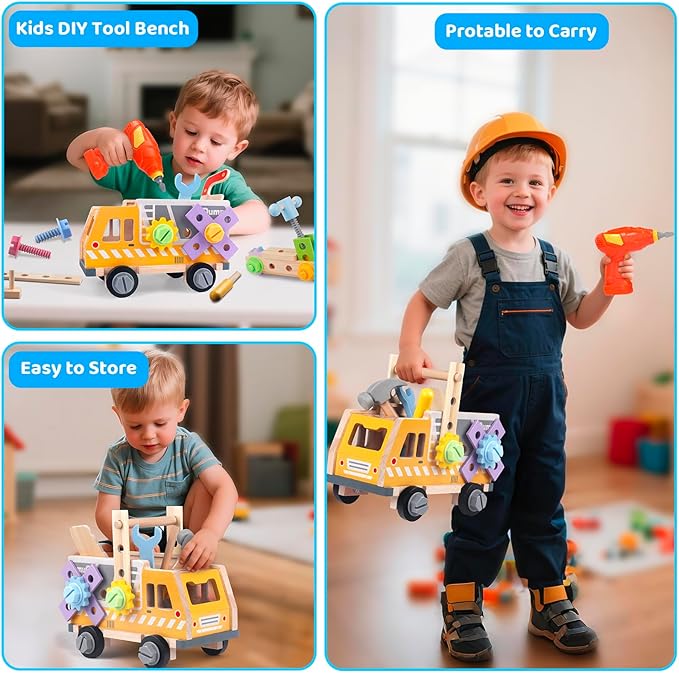 Kids Tool Set Toy with Drill Hammer, 38PCS Wooden Truck Boy Tool Set Construction Sensory Kit STEM Learning Toys, Montessori Pretend Play Boy Girls Kids Birthday Gift for Toddlers 1 2 3 4 5 6