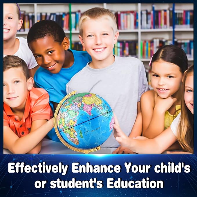 Illuminated World Globe for Kids & Adults All Ages with Wooden Stand 7 in 1- Night View Stars Map Constellation Globe with Detailed Colorful World,Built-in LED Bulb, Educational Gift