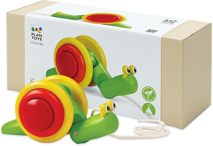 PlanToys® Snail Pull Toy for Toddlers | Eco-Friendly Wooden Toy for Fine Motor Skills & Coordination | Montessori Walking Toys for Babies