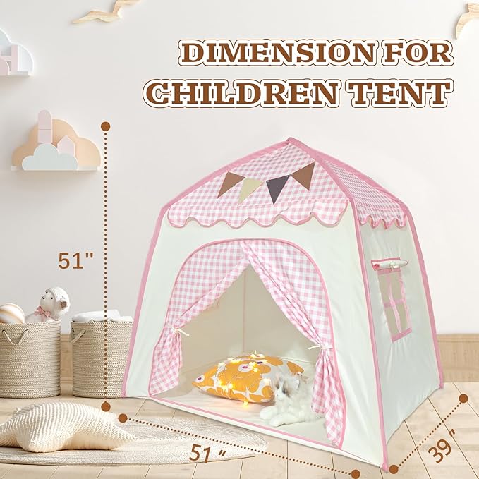 Toddler Bed Tent, Kids Play Tent with Flags, Star String, Portable Bed Canopy for Boys & Girls, Children, Indoor Outdoor Dome Playhouse, Pink Plaid, 51" x 39" x 51"