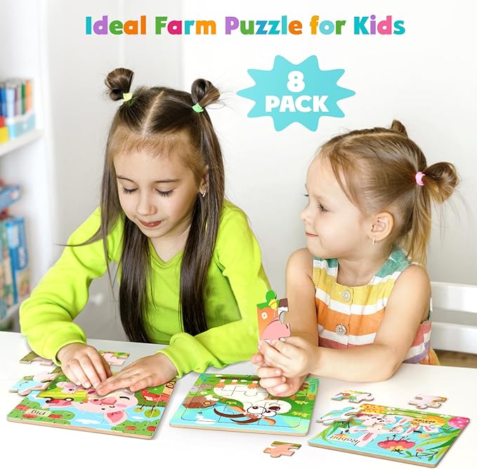 Wooden Puzzles for Toddlers, 8 Pack Farm Animal Jigsaw Puzzles for Kids3-5, 9 Pieces Preschool Learning Activities, Learning & Educational Toys, Gift for Boys, Girls