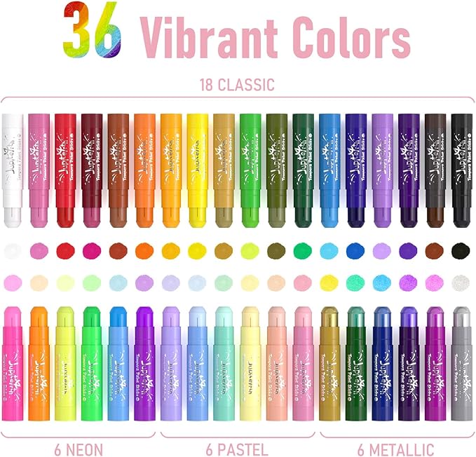 36 Colors Tempera Paint Sticks with 120 PDF Coloring Pages and 30 Stickers, Quick Drying, Smooth, Non-Toxic and Washable Paint Sticks for Kids Drawing on Pumpkin, Wood, Rock, Glass