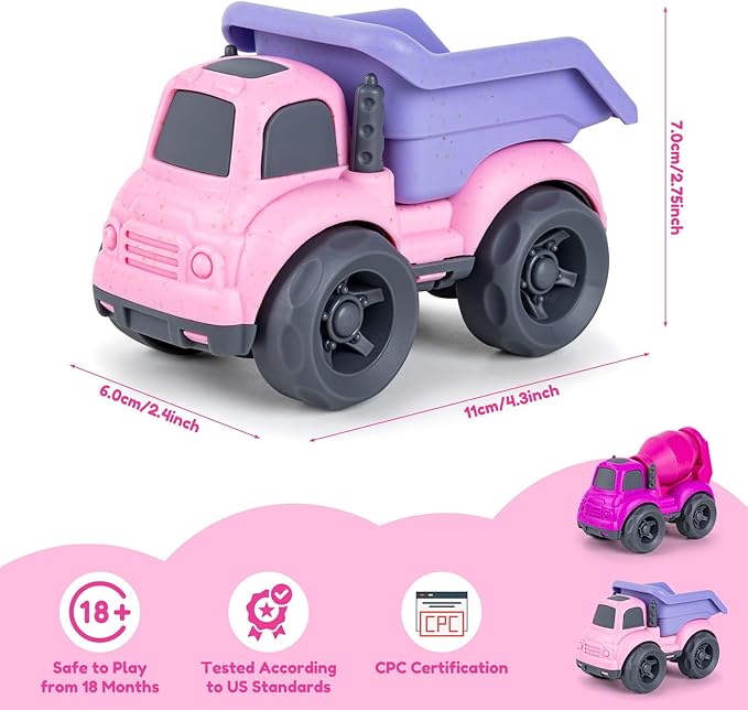 Dump Truck Toys for 3 Year Old Boys, BPA Free, Phthalates Free, PVC, Dump Truck, Mixer Cement, Easter Christmas Birthday Gifts for 2 3 4 Year Boy Girl. Dishwasher Safe,Recycled Plastic (Pink)