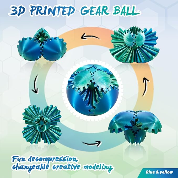 Gear Ball-3D Printed Gear Sphere,3D Printed Spin Ball Cube Fidget Toy,The Steampunk Whirling Wonder Fidget Ball Toy (Blue Green)
