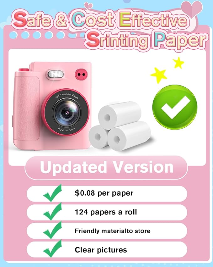 Instant Print Camera for Kids - 1080P HD Toddler Digital Camera for 3 4 5 6 7 8 9 10 Year Old Girls Boys, Christmas Birthday Gift with 32GB SD Card, Selfie Mode, Portable Travel Toy, Fun Filters- Pink