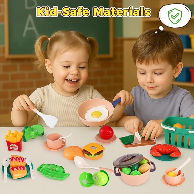 LovesTown 59PCS Play Kitchen Accessories with Basket, Pink Pretend Play Food Set for Kids with Pots Pans Tableware Kitchen Cooking Toys for Toddler Gifts for Boys Girls