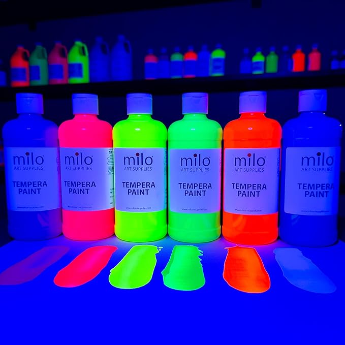 milo Fluorescent Neon Washable Paint for Kids | 16 oz Bottles 6 Colors | Made in the USA | Glows UV in Black Light | Safe & Non-Toxic Tempera Paint for Art & Craft, Poster, Window, for Children, Toddler, Classroom, School, Project