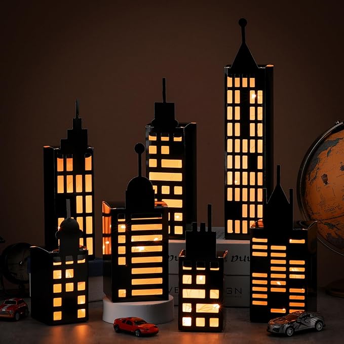 15 Pcs Hero Party Favor Boxes Skyscraper 3D City Box Skyline Buildings Heroes Candy Goodies Boxes Hero Theme Centerpiece Decorations Birthday Party Supplies(Warm)