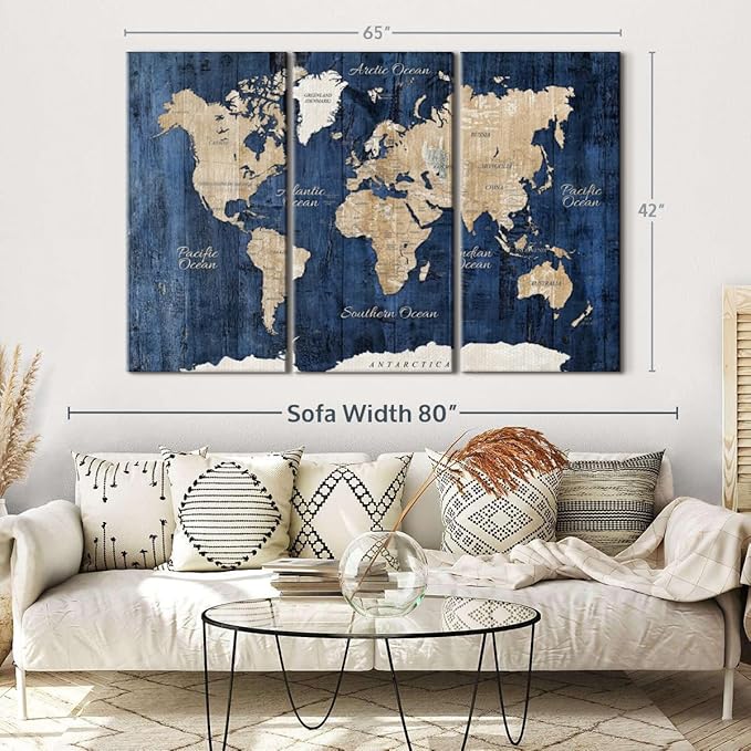 ElephantStock Aged Blue World Map II Canvas - 3 Panel Wall Decor - World Map Digital Art - Blue Wall Art - 65" X 42"