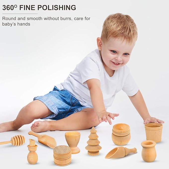Wooden Tool Set for Sensory Bin (30 Piece), Child-Sized Montessori Sensory Toys for Developing Fine Motor Skills, Smooth Wooden Toys, Bin Scoops and Tools
