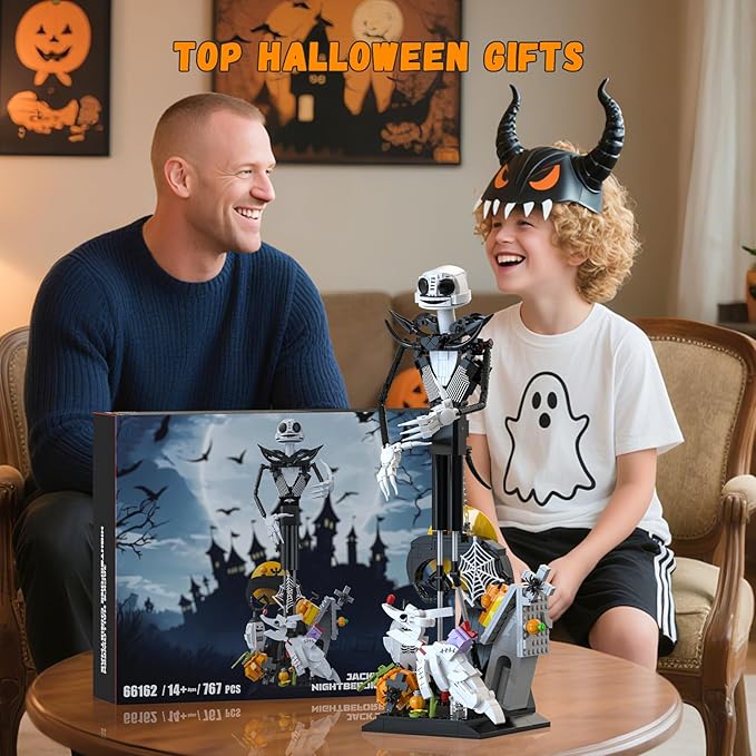 Horror Skull Building Set, Before Christmas Haunted House Building Blocks Set, Pumpkins and Skeleton Ghosts, Halloween Christmas Building Toys Gifts for Movie Fans Adults