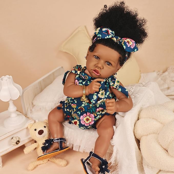 HOOMAI Reborn Baby Black Dolls African American Lifelike Silicone Doll Realistic 22.8 Inch with Cloth Body Birthday Gift Set for Ages 3+